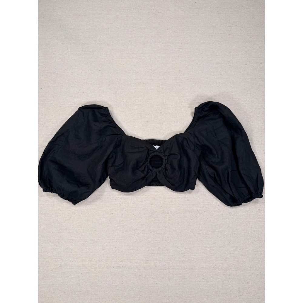 Faithfull The Brand Black Linen O-Ring Puff Sleeve Crop Top Size S Small